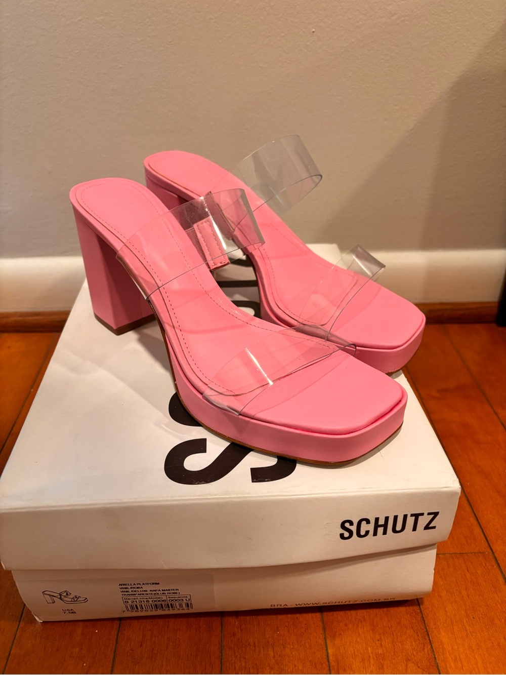 SCHUTZ Pink Platform Mules with Clear Straps